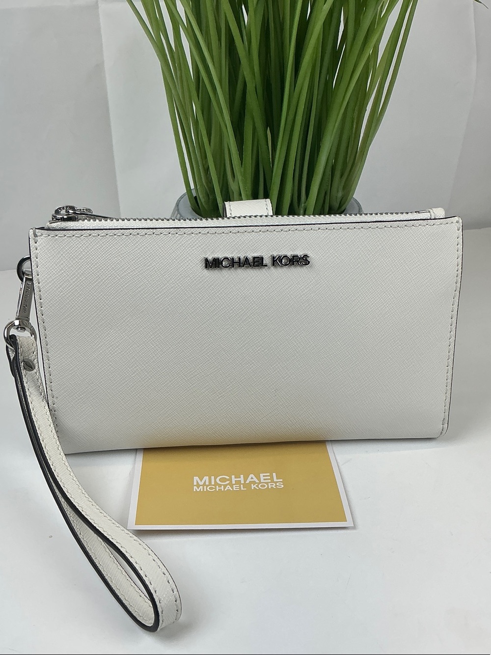 Michael Kors White Saffiano Leather Wristlet Clutch with Detachable Strap Wallet